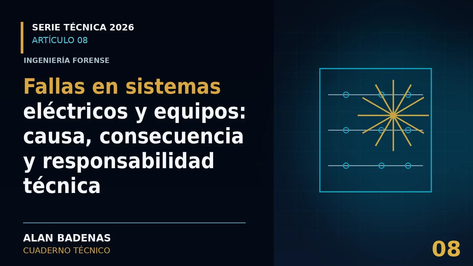 Portada del artículo sobre fallas eléctricas y de equipos, con un circuito y una chispa.