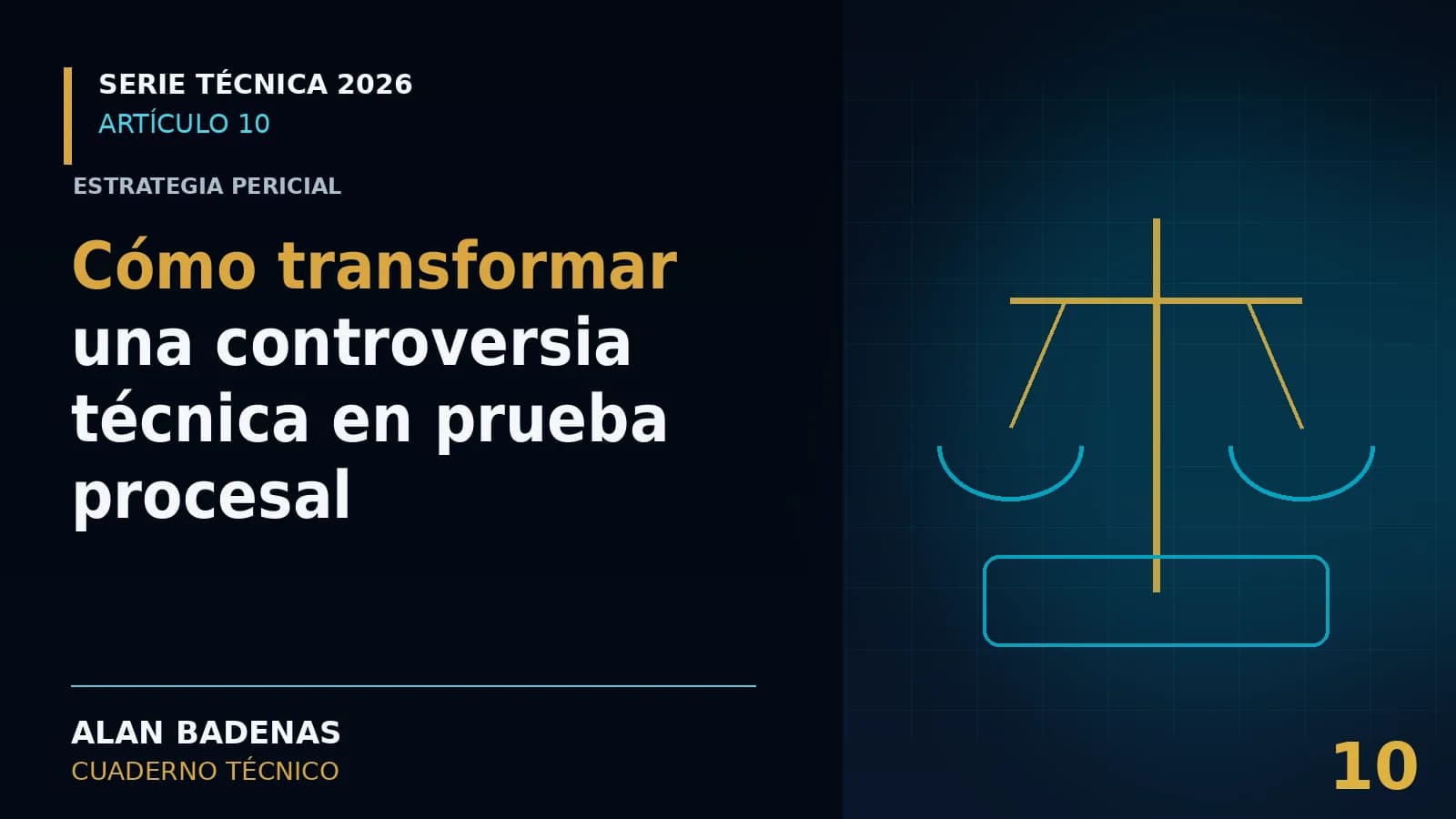 Portada del artículo sobre controversia técnica y prueba procesal, con un símbolo abstracto de análisis.