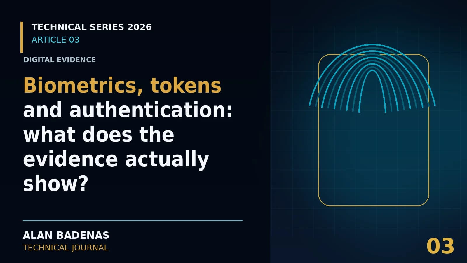Cover for the article on biometrics, tokens and banking authentication, featuring a fingerprint over a device.