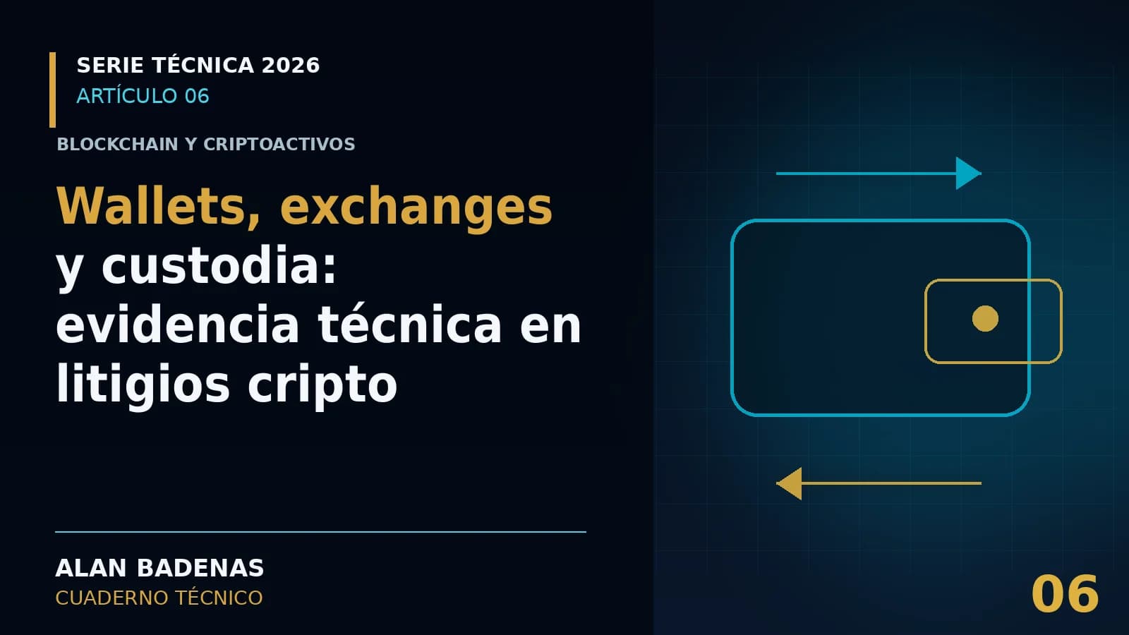 Portada del artículo sobre wallets, exchanges y custodia, con una cartera y flechas de transferencia.