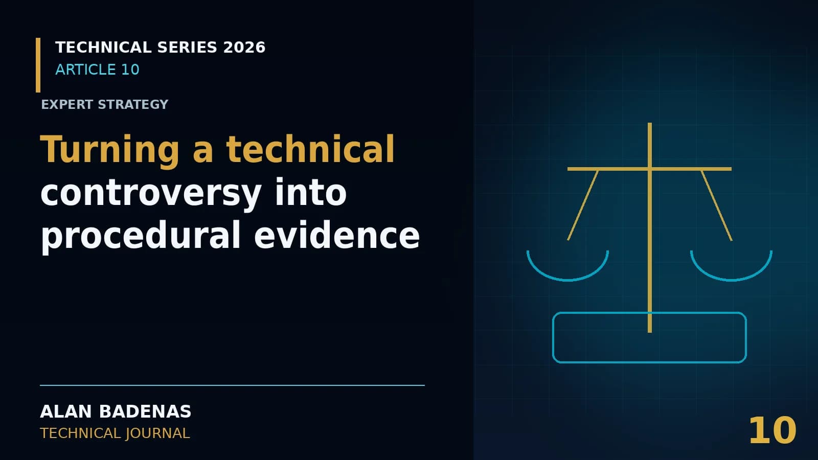Cover for the article on technical controversy and procedural evidence, featuring an abstract analysis symbol.