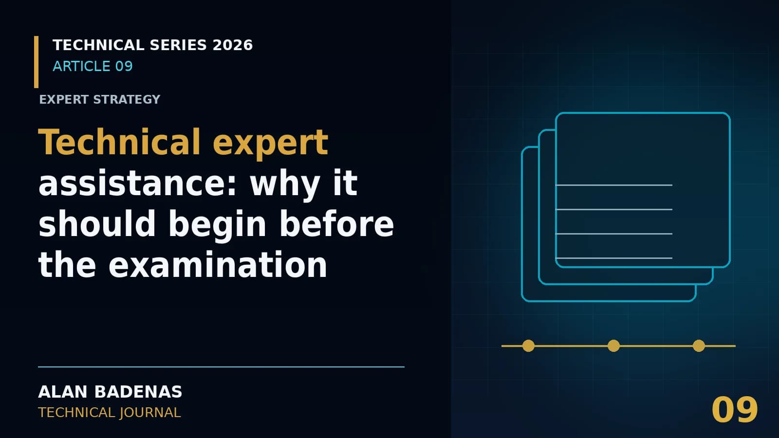 Cover for the article on technical assistance before an examination, featuring documents and a timeline.